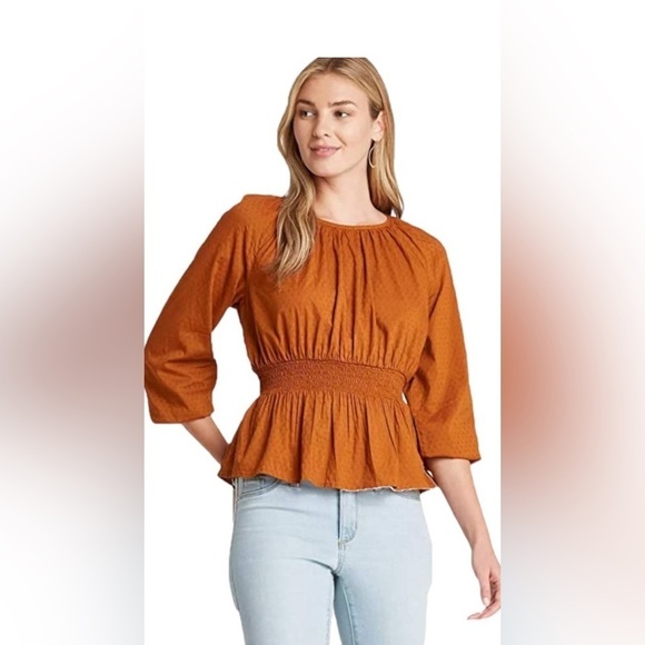 Universal Thread Rust Peplum Linen Bishop 3/4 Sleeve Blouse Top Size Medium - Picture 9 of 11